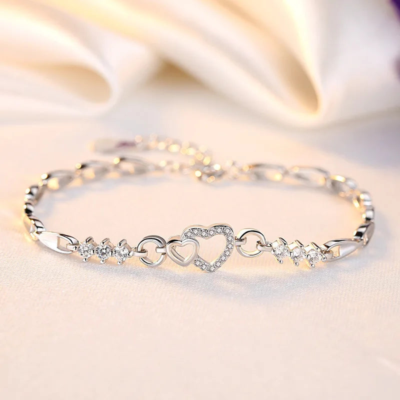 New 925 Sterling Silver Bracelet Purple Crystal Zircon Heart