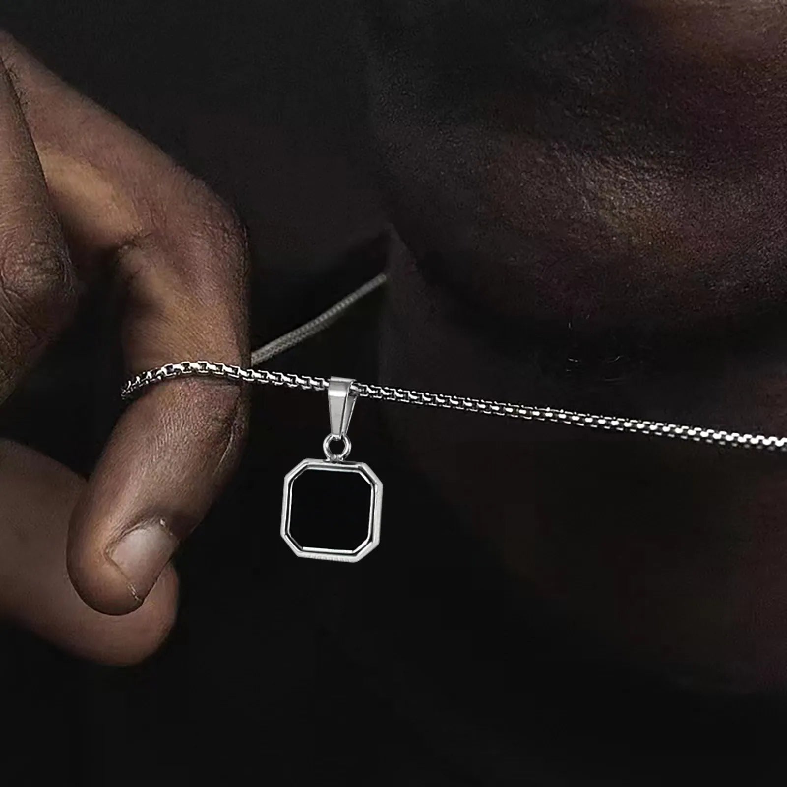 Stylish Men's Black Enamel Necklaces,Stainless Steel Geometric Square Pendant