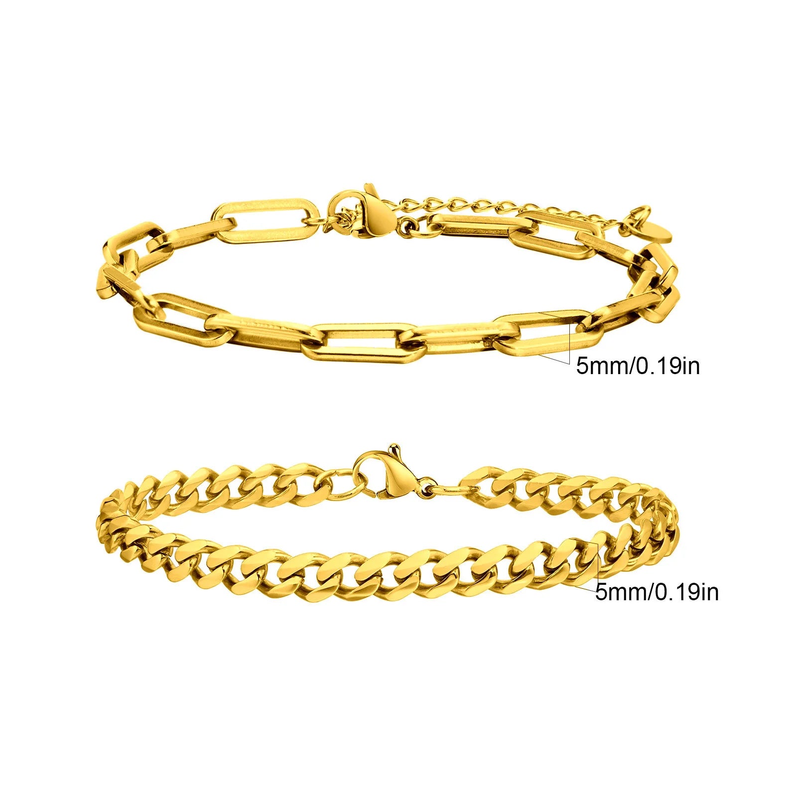 2 pcs Men's Cuban Chain Bracelets,Stainless Steel Rectangular Chain Bracelet