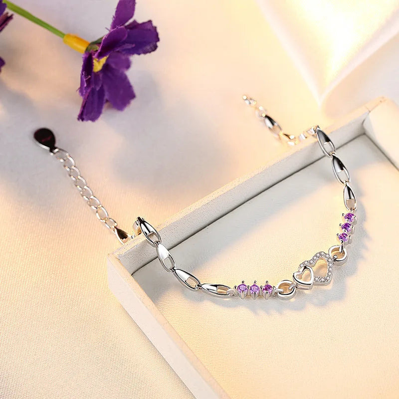 New 925 Sterling Silver Bracelet Purple Crystal Zircon Heart