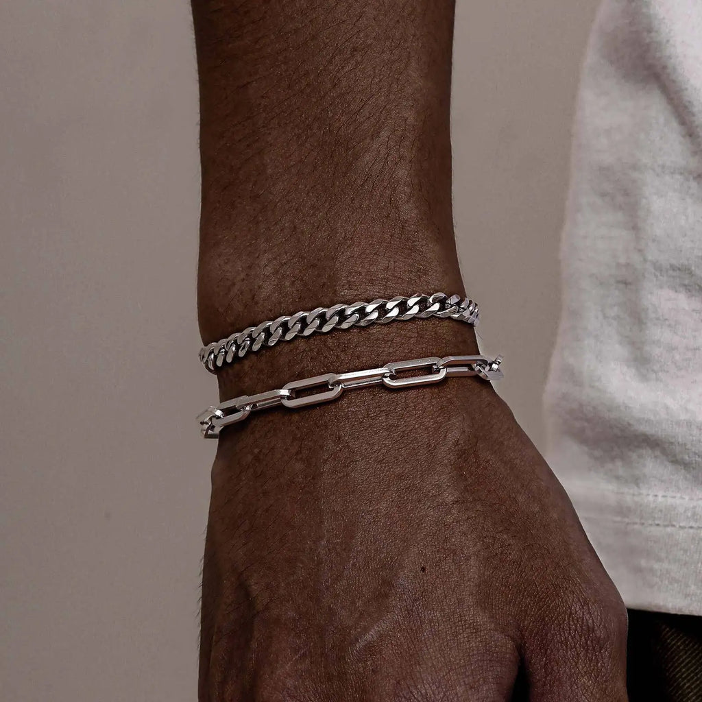 2 pcs Men's Cuban Chain Bracelets,Stainless Steel Rectangular Chain Bracelet