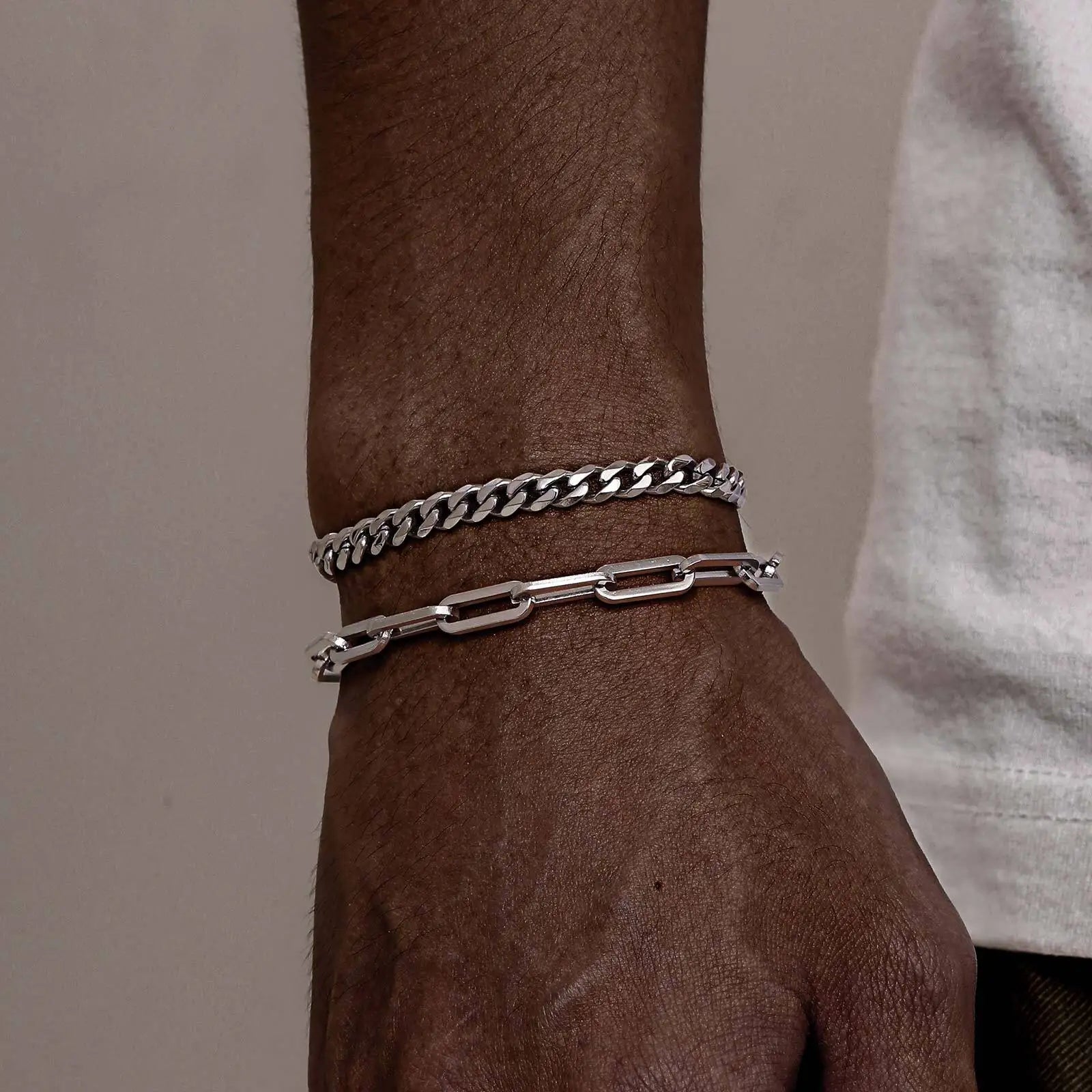 2 pcs Men's Cuban Chain Bracelets,Stainless Steel Rectangular Chain Bracelet