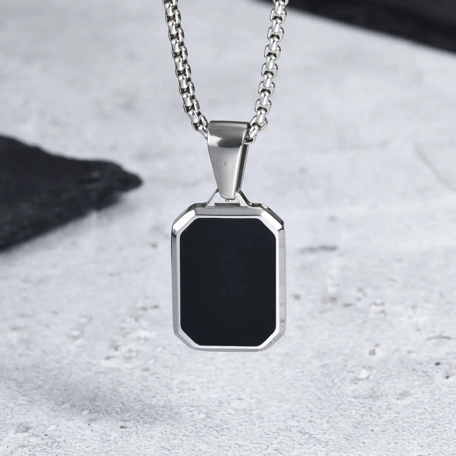 Stylish Men's Black Enamel Necklaces,Stainless Steel Geometric Square Pendant