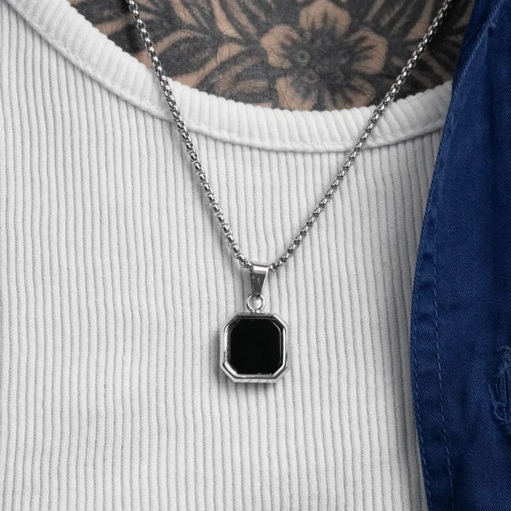 Stylish Men's Black Enamel Necklaces,Stainless Steel Geometric Square Pendant