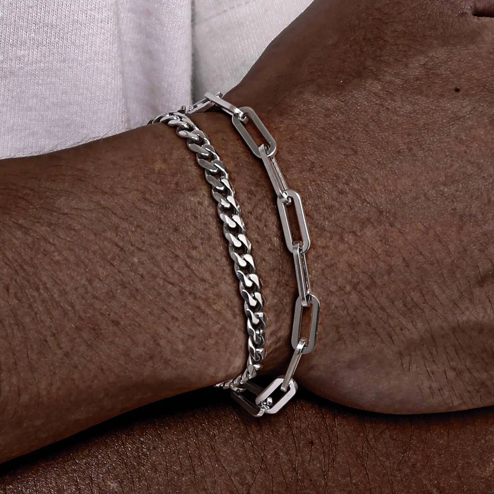 2 pcs Men's Cuban Chain Bracelets,Stainless Steel Rectangular Chain Bracelet