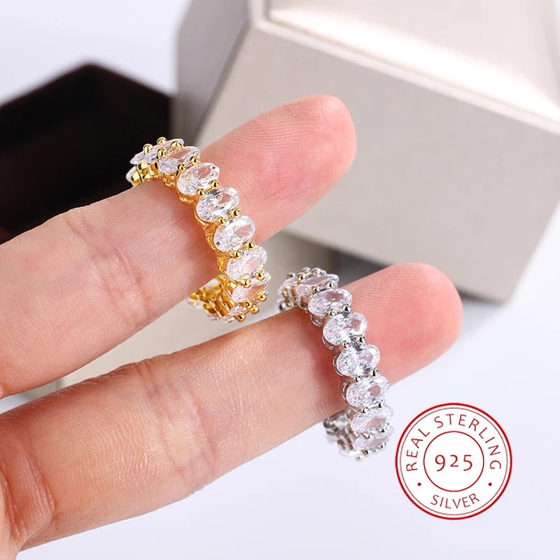 New Luxury Female White Crystal Stone Ring Rose Gold Silver Wedding 925 Silver Ring