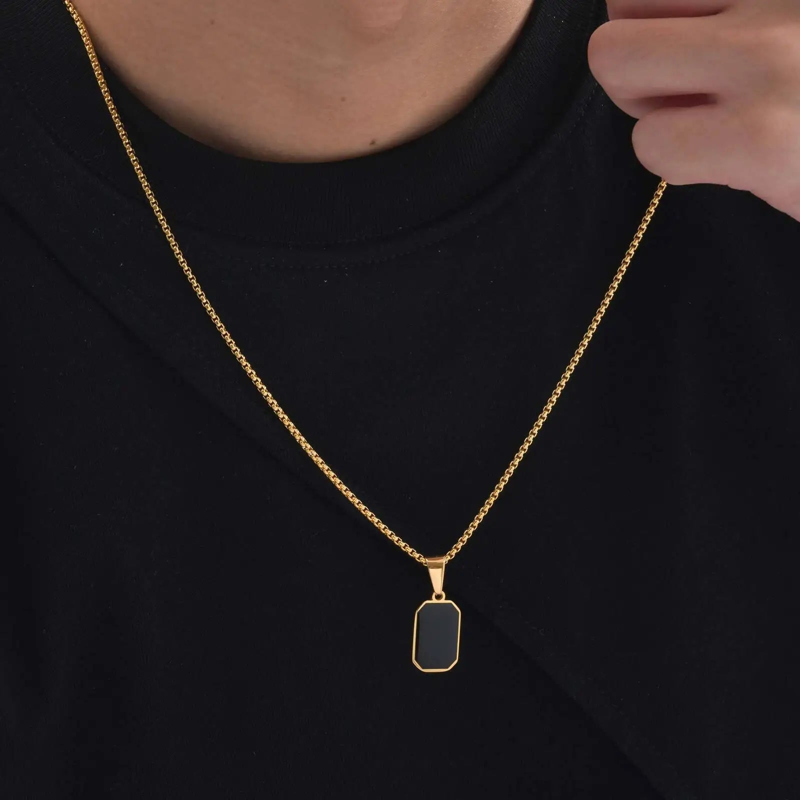 Stylish Men's Black Enamel Necklaces,Stainless Steel Geometric Square Pendant