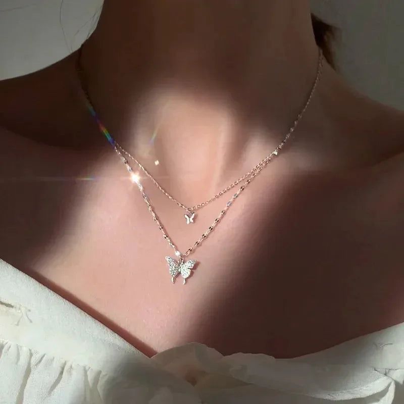 Fashion Shiny Butterfly Double-Layer Pendant & Cross Choker Necklace for Women