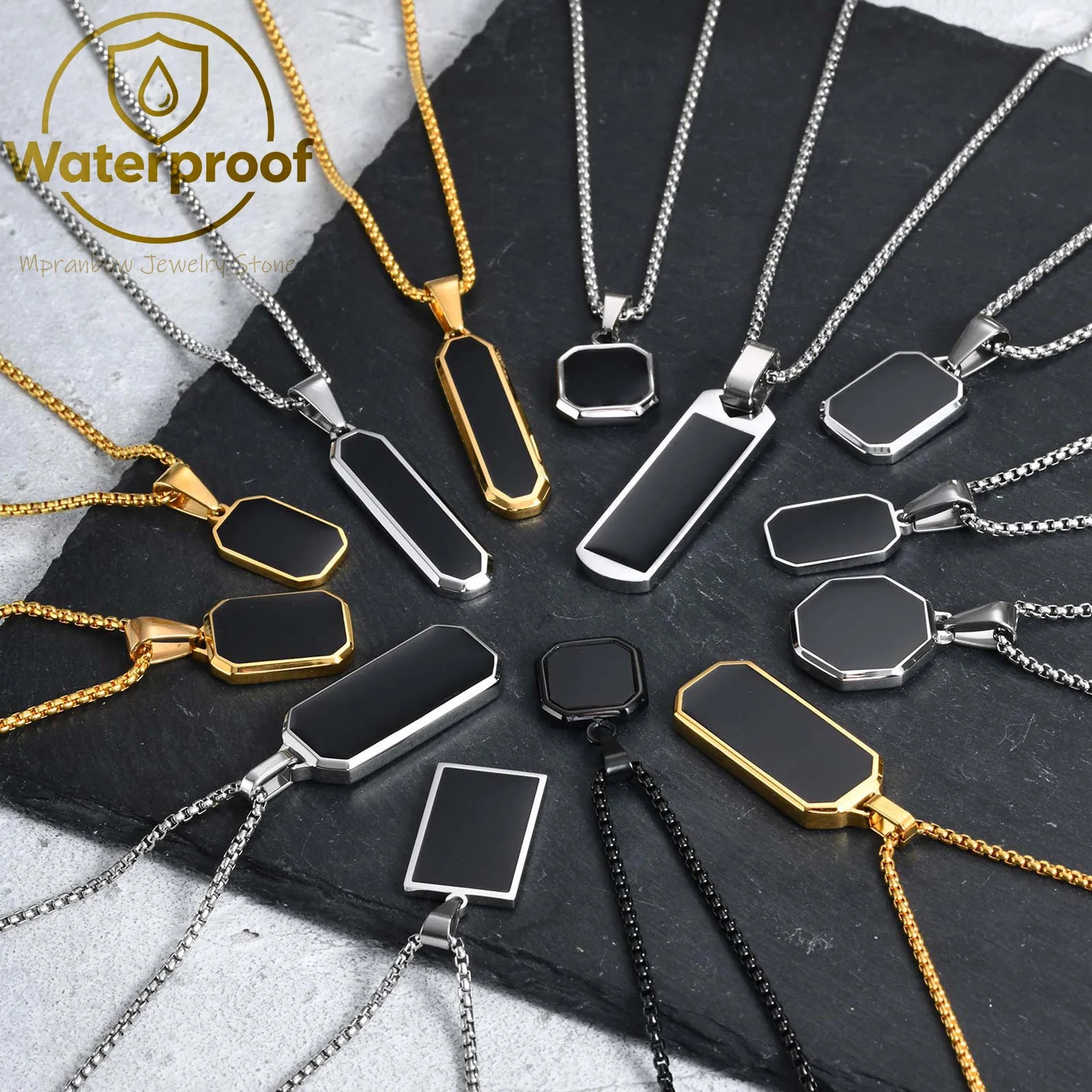 Stylish Men's Black Enamel Necklaces,Stainless Steel Geometric Square Pendant
