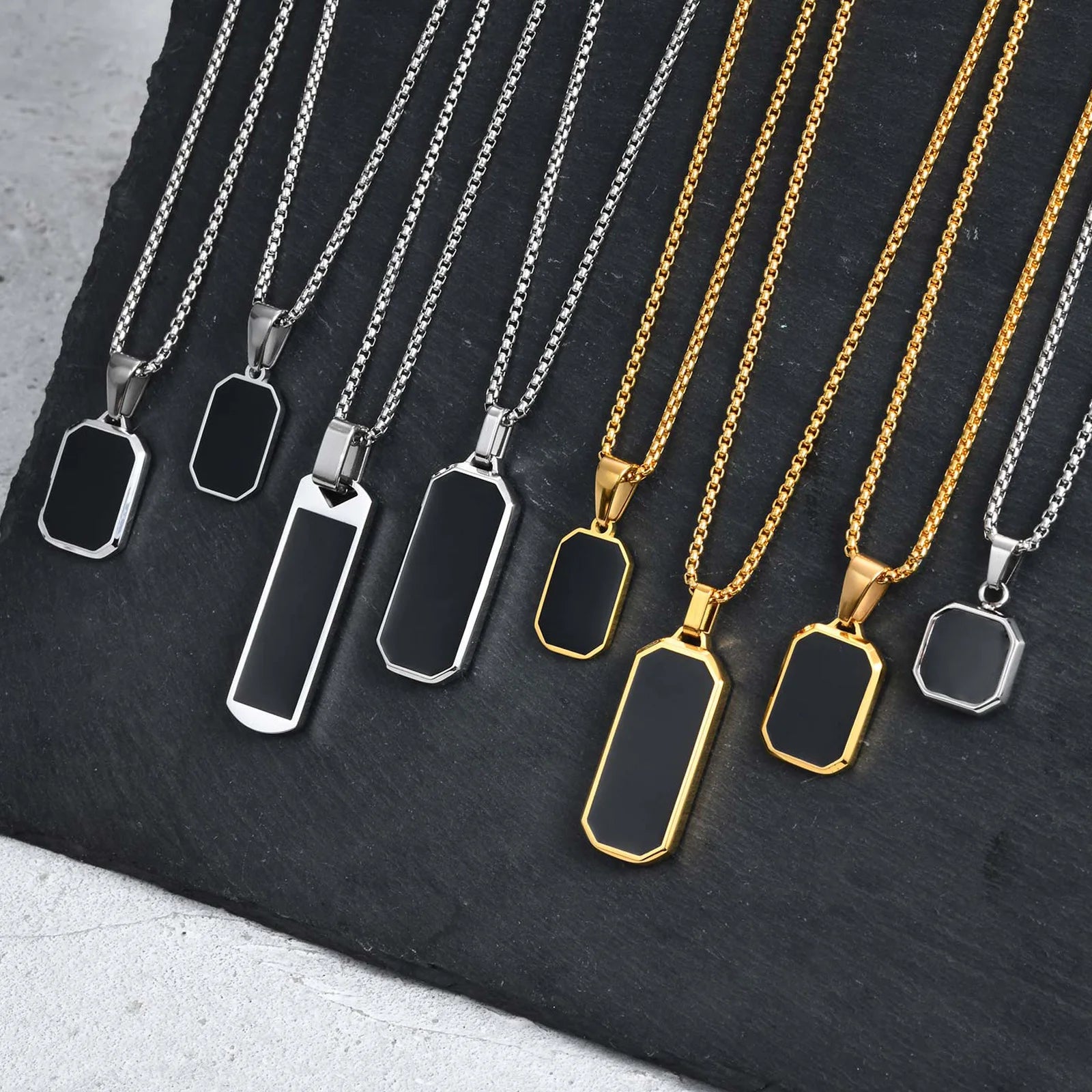 Stylish Men's Black Enamel Necklaces,Stainless Steel Geometric Square Pendant