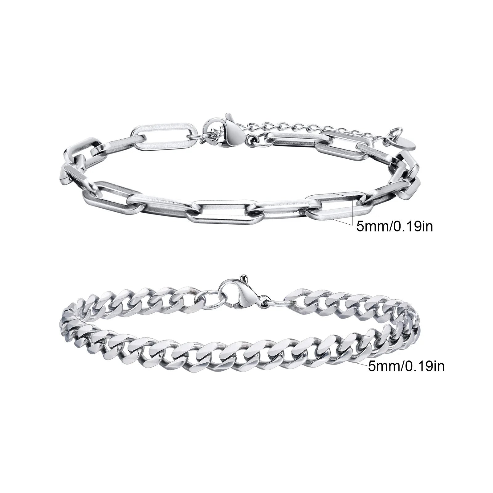 2 pcs Men's Cuban Chain Bracelets,Stainless Steel Rectangular Chain Bracelet