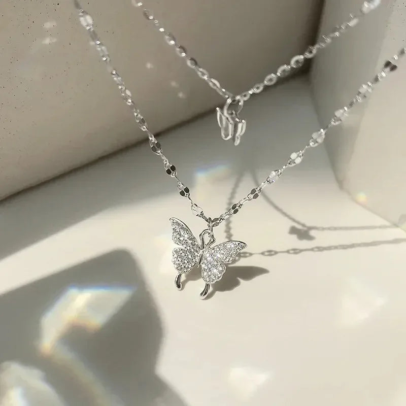 Fashion Shiny Butterfly Double-Layer Pendant & Cross Choker Necklace for Women