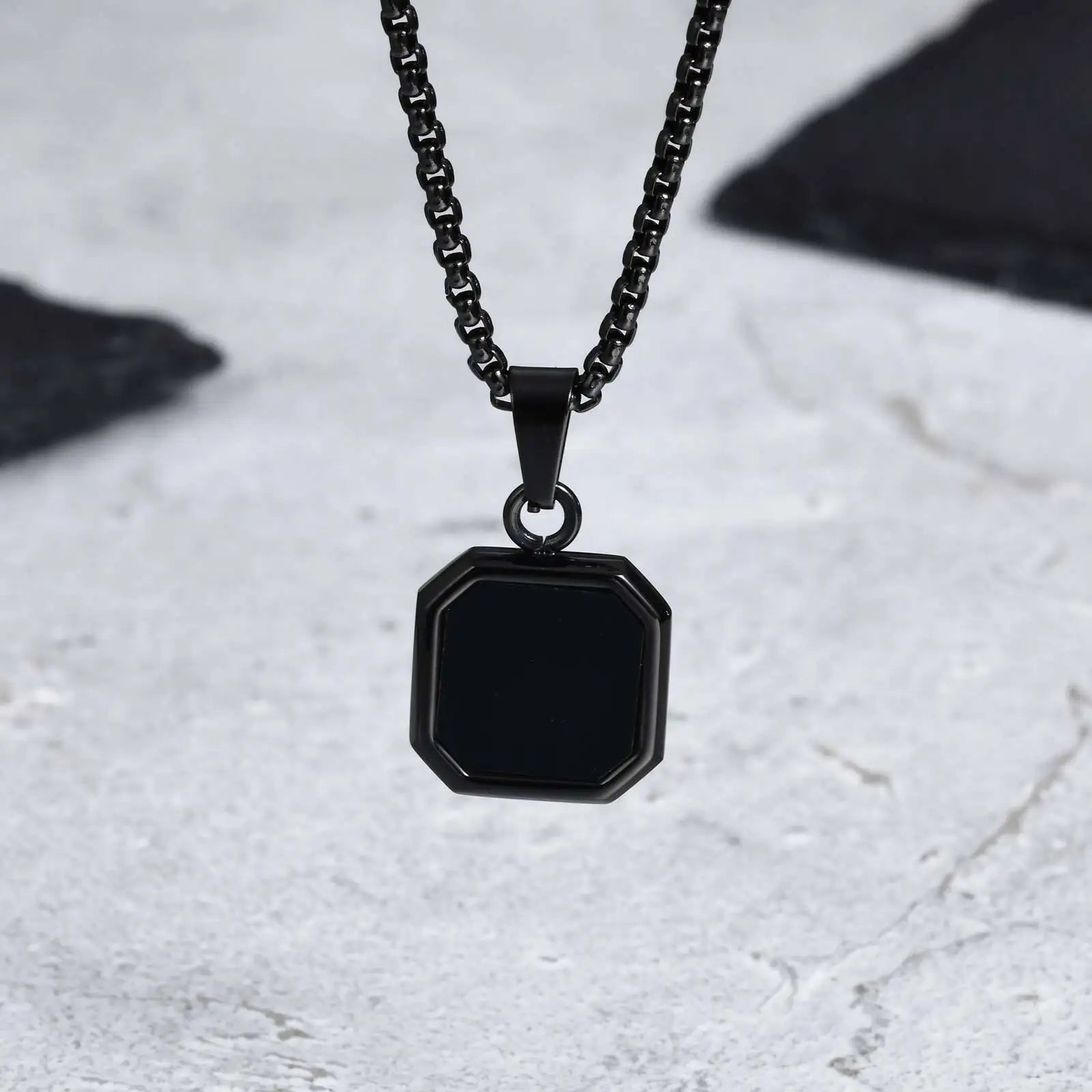Stylish Men's Black Enamel Necklaces,Stainless Steel Geometric Square Pendant