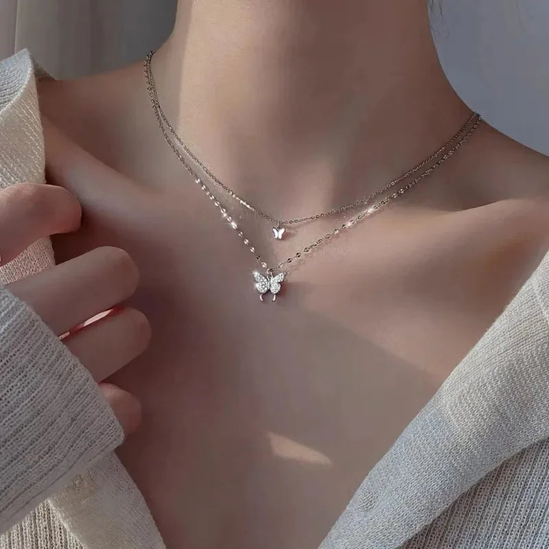 Fashion Shiny Butterfly Double-Layer Pendant & Cross Choker Necklace for Women