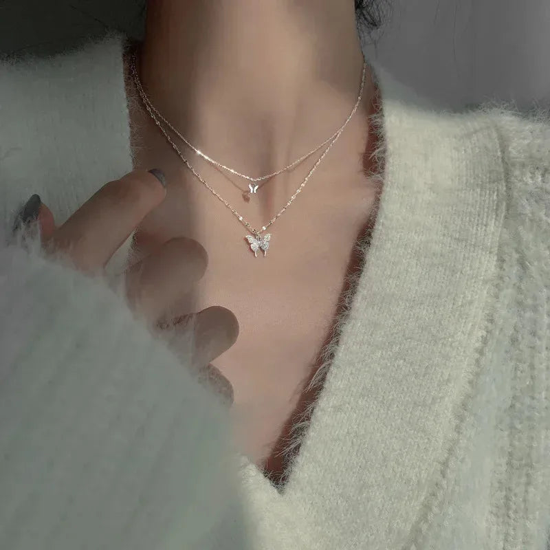 Fashion Shiny Butterfly Double-Layer Pendant & Cross Choker Necklace for Women