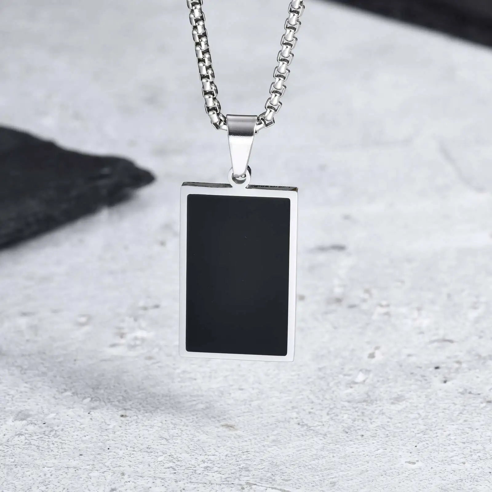 Stylish Men's Black Enamel Necklaces,Stainless Steel Geometric Square Pendant