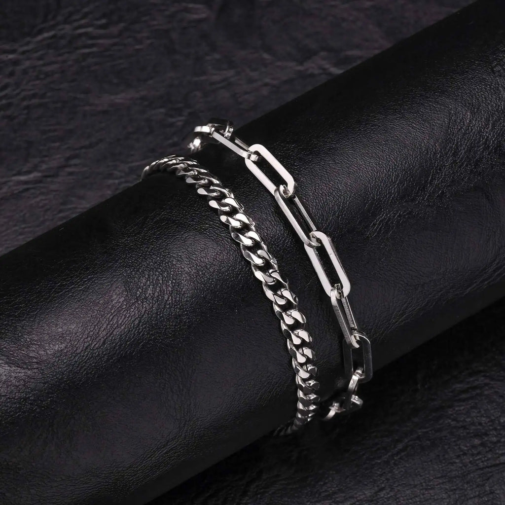 2 pcs Men's Cuban Chain Bracelets,Stainless Steel Rectangular Chain Bracelet