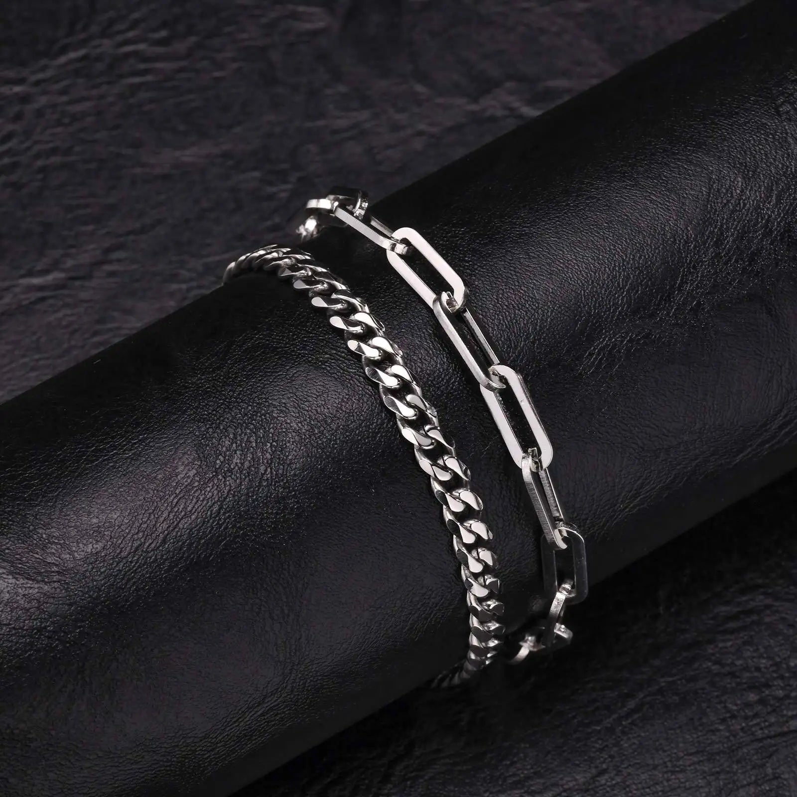 2 pcs Men's Cuban Chain Bracelets,Stainless Steel Rectangular Chain Bracelet