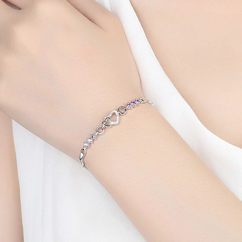 New 925 Sterling Silver Bracelet Purple Crystal Zircon Heart