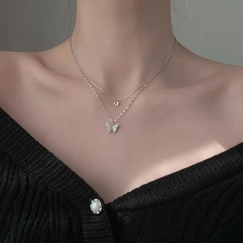 Fashion Shiny Butterfly Double-Layer Pendant & Cross Choker Necklace for Women