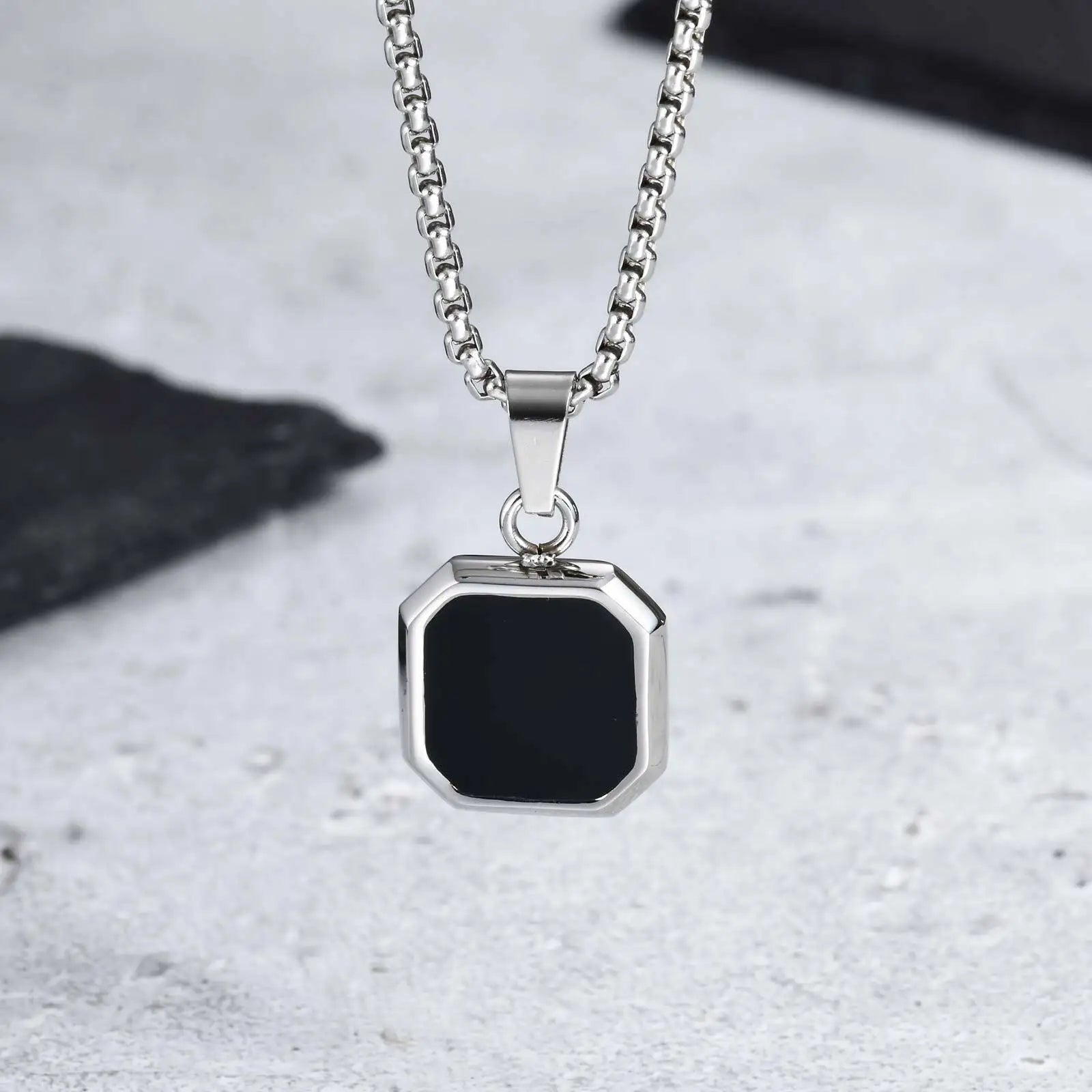 Stylish Men's Black Enamel Necklaces,Stainless Steel Geometric Square Pendant