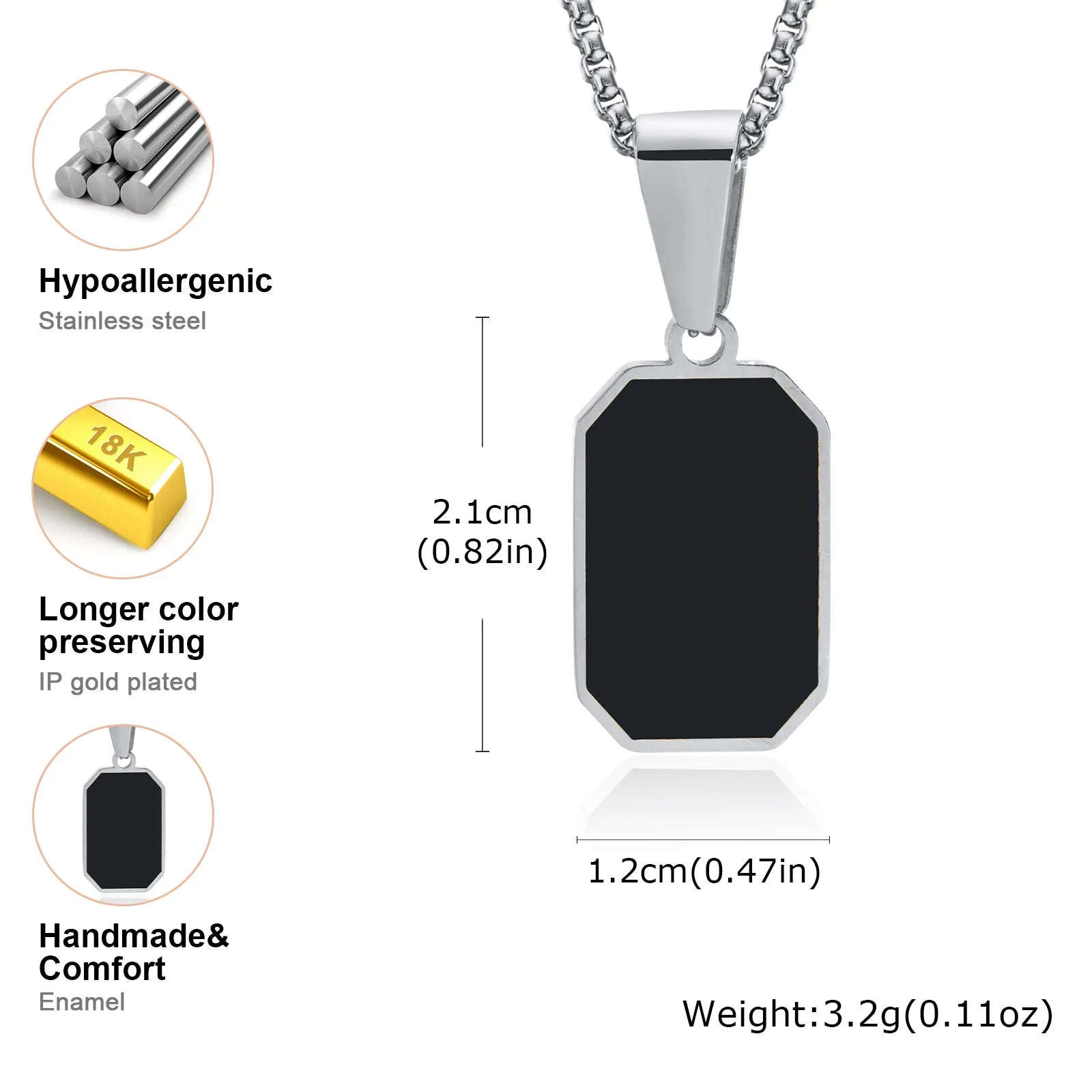 Stylish Men's Black Enamel Necklaces,Stainless Steel Geometric Square Pendant
