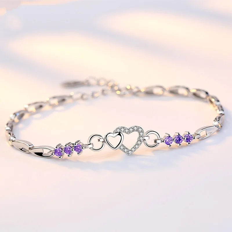 New 925 Sterling Silver Bracelet Purple Crystal Zircon Heart